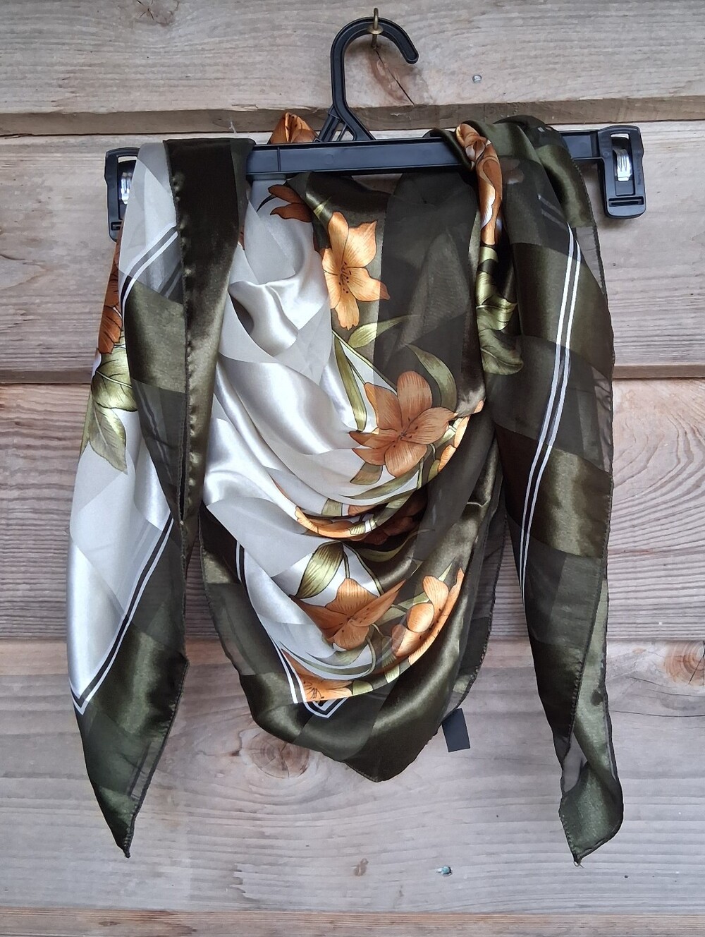 Vintage Olive Green & Cream Floral Stripe Square Scarf Boho 39"